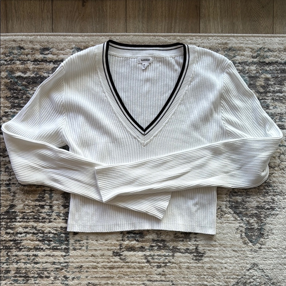 Garage Black and White V-Neck Sweater with Sporty Trim